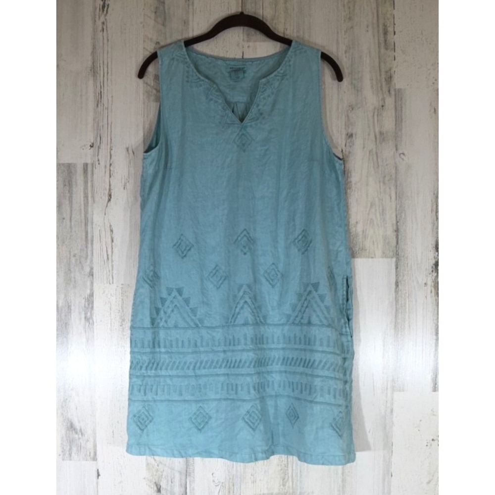 Artisan NY Linen Shift Dress Medium Blue Embroidered Sleeveless V-Neck Pockets